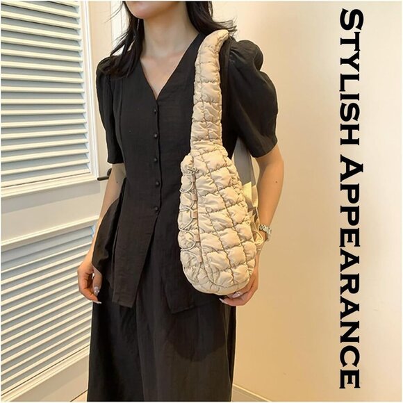 Lightweight Quilted Crossbody Bag for Women, Waterproof Nylon Sling Pack - Khaki - Picture 2 of 5